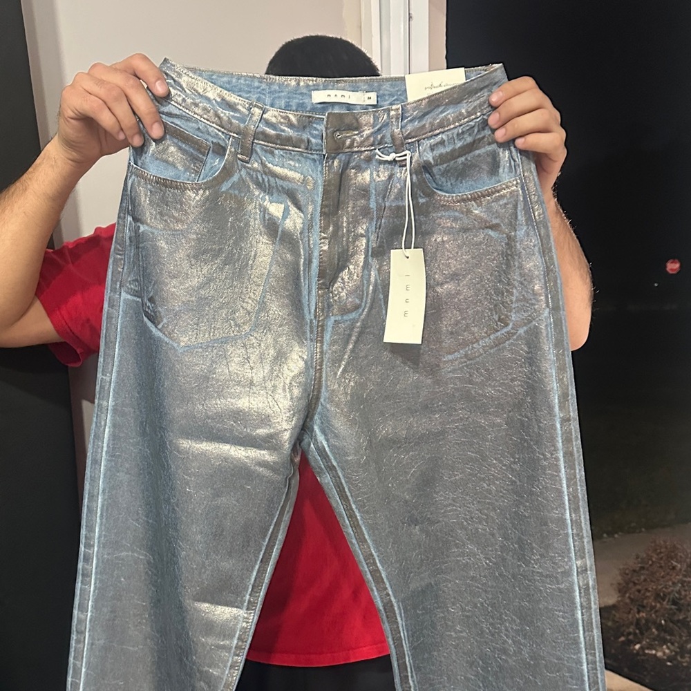 L'AGENCE Shimmering Silver Straight Leg Jeans
